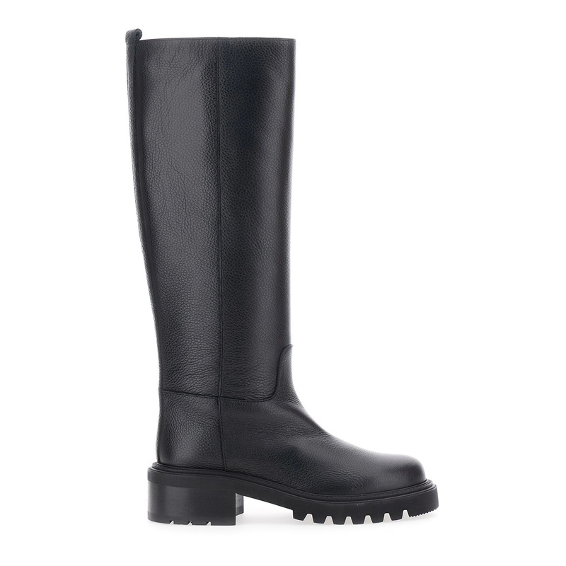Black Knee-High Slip-On Boots in Grained Leather Woman