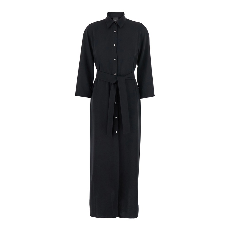 Black Long Dress with Classic Collar and Front Button Closure in Fabric Woman
