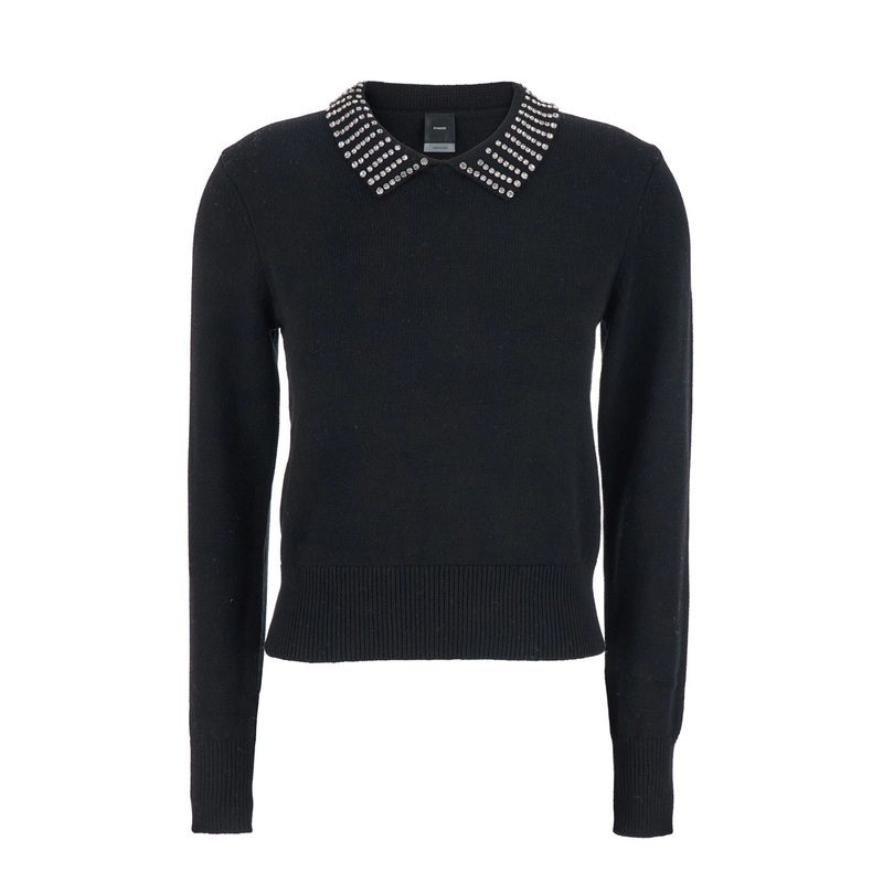 Black Polo Shirt with Crystal-Decorated Collar and Logo Patch on the Back in Cashmere Woman