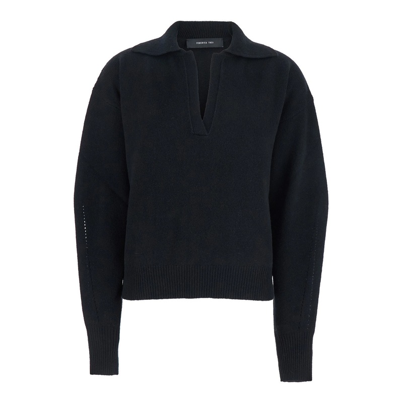 Black Polo Shirt with Wide Collar and Dropped Shoulders in Wool and Cashmere Blend Woman