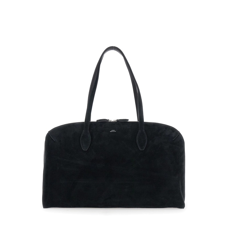 Black Shoulder Bag with Embossed Logo Lettering on the Front in Suede Woman