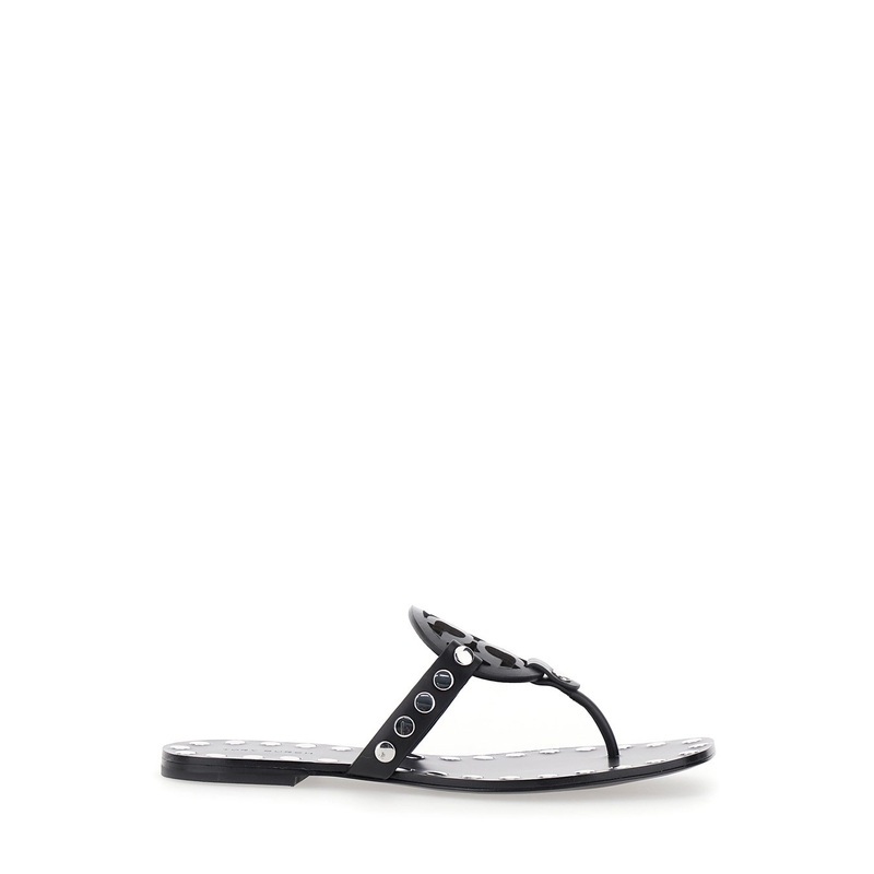 Black Thong Sandals with Logo on the Front and Stud Embellishments in Leather Woman