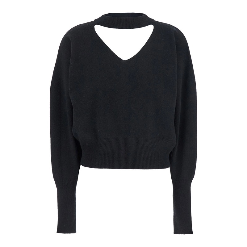 Black V-Neck Sweater with Cut-Out Detail on the Back in Wool and Cashmere Blend Woman
