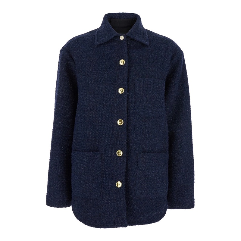 Blue Jacket with Pointed Collar and Front Patch Pockets in Cotton Tweed Woman