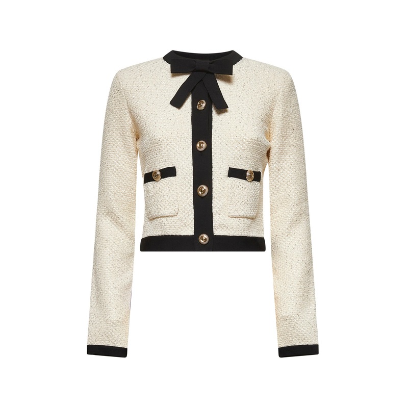 Cream sequin knit pussy bow cardigan