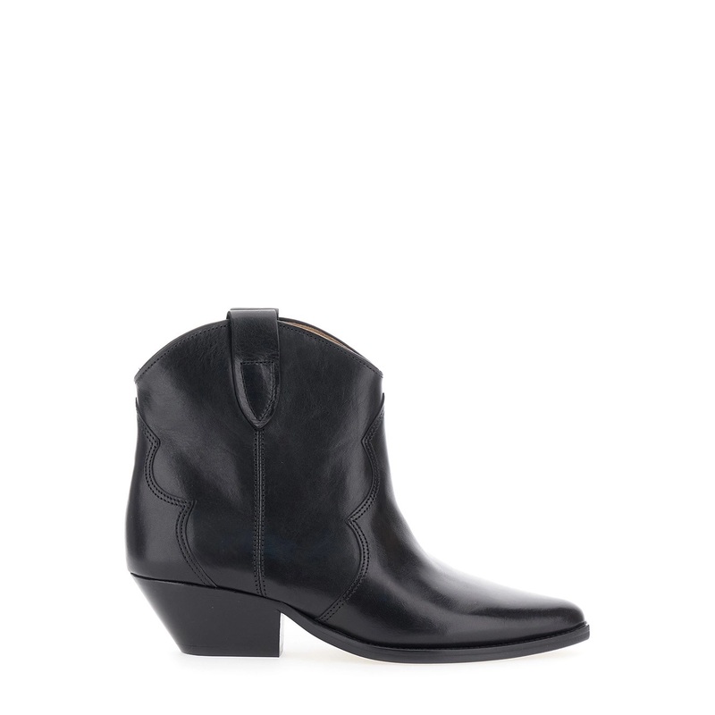 ‘Dewina’ Black Slip-On Ankle Boots with Low Block Heel in Leather Woman