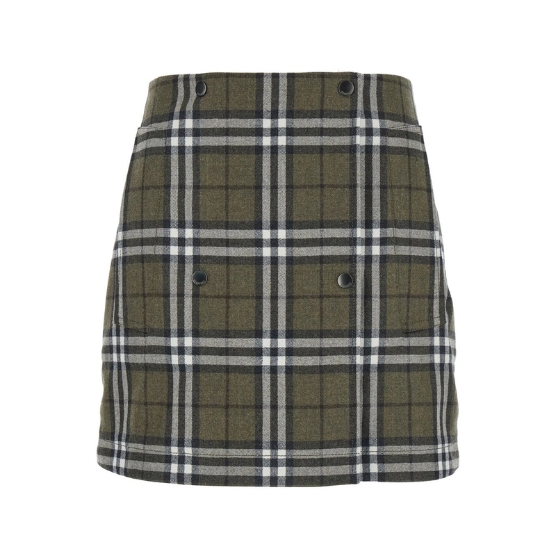 Green Skirt with All-Over Check Motif and Side Pockets in Virgin Wool Woman