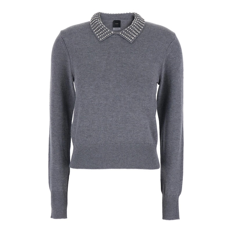 Grey Polo Shirt with Crystal-Decorated Collar and Logo Patch on the Back in Cashmere Woman