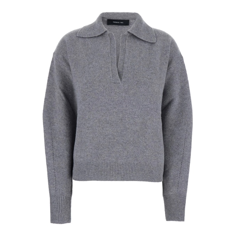 Grey Polo Shirt with Wide Collar and Dropped Shoulders in Wool and Cashmere Blend Woman