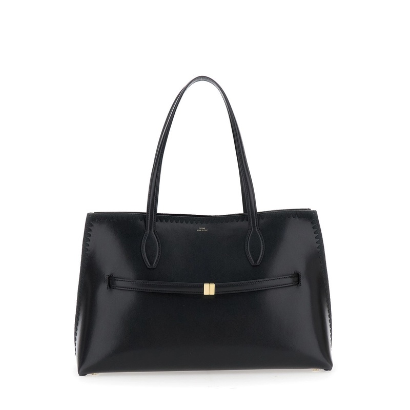 ‘Lounge’ Black Tote Bag with Embroidered Details and Embossed Logo on the Front in Leather Woman