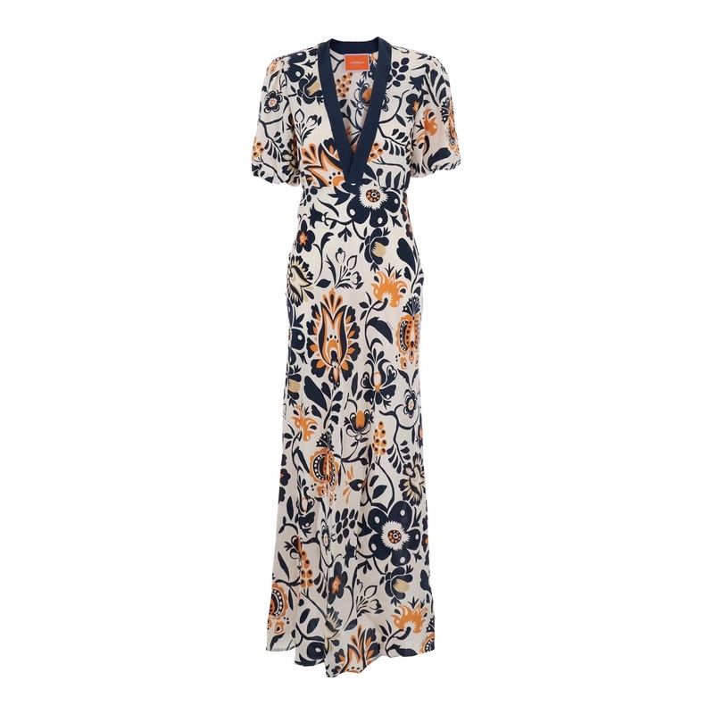 ‘Marlene’ Multicolor Long Dress with V-Neck and All-Over Floral Print in Fabric Woman