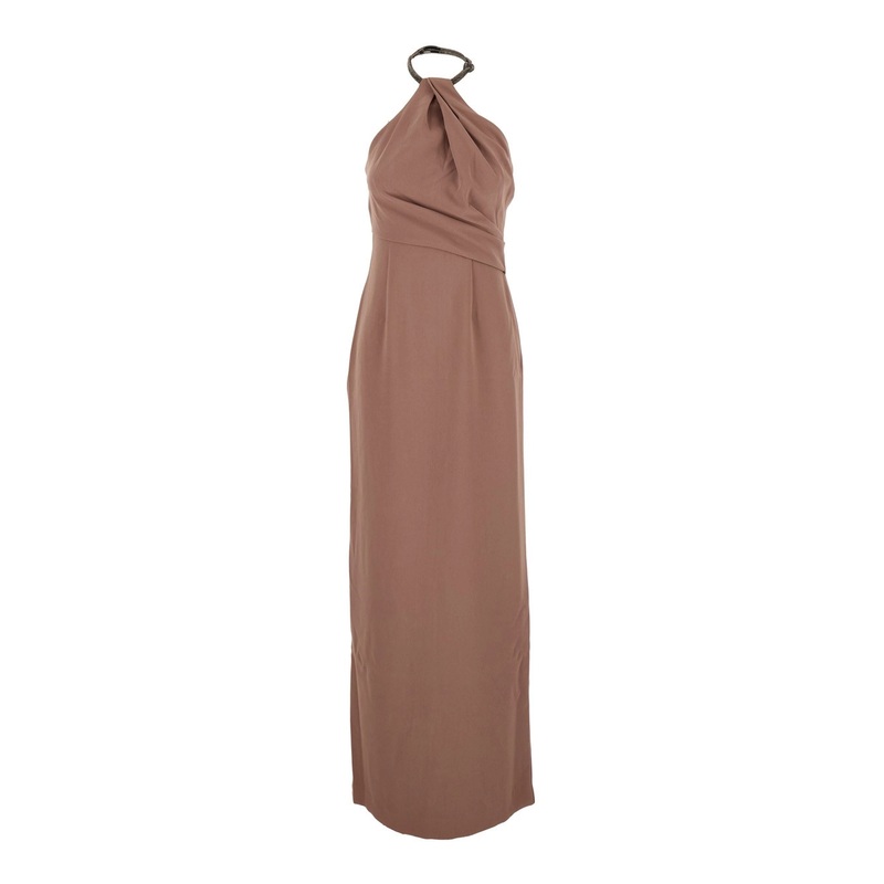 ‘Riva’ Brown Long Dress with Rhinestone-Embellished Neckline and Drape Details in Twill Woman