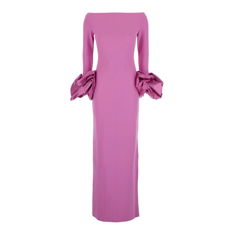 ‘Talia’ Pink Long Dress with Bare Shoulders and Sleeves with Ruffles in Twill Woman