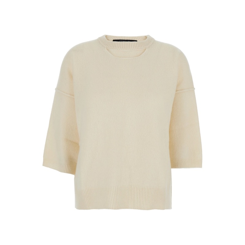 White Sweater with Dropped Shoulder and Three-Quarter Sleeve in Wool and Cashmere Blend Woman