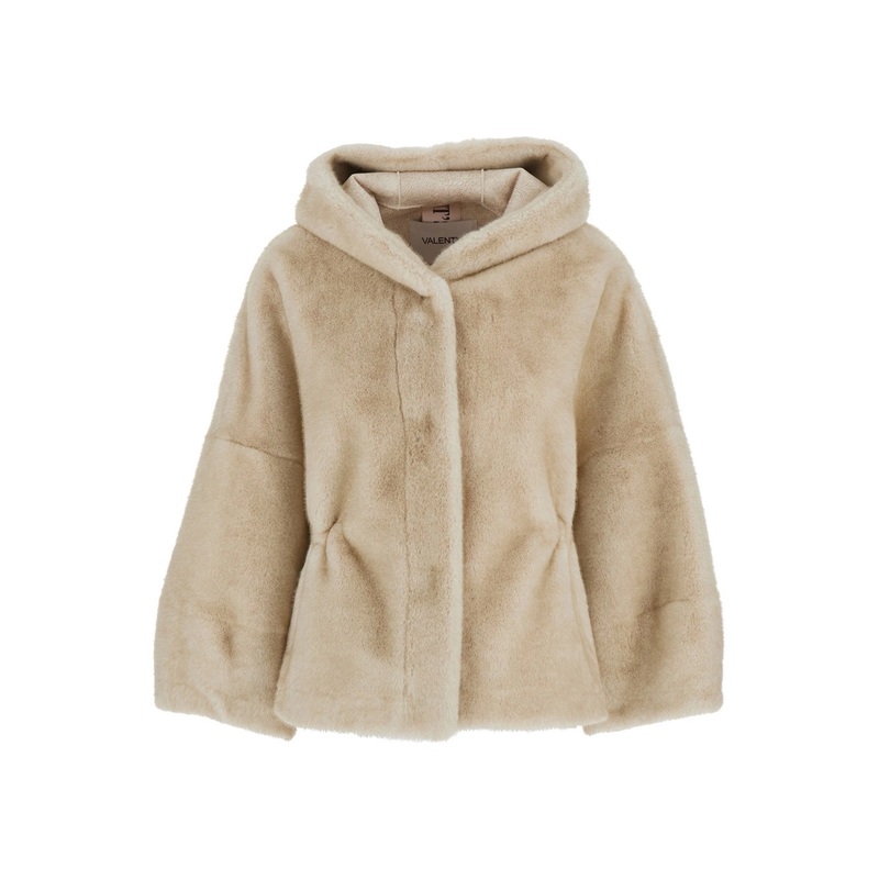 Beige Jacket with Fixed Hood in Faux Fur Woman