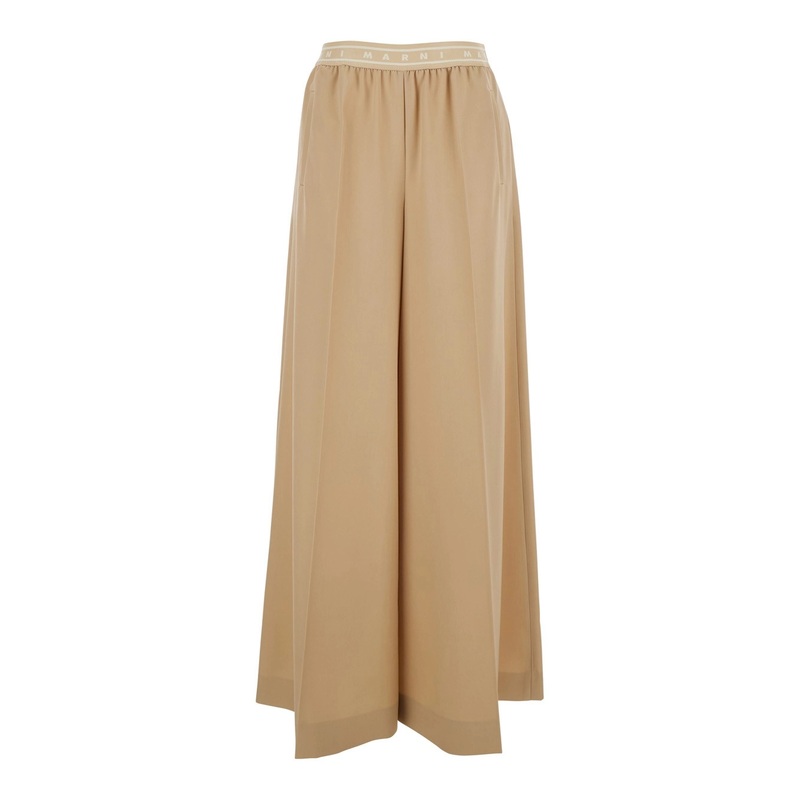 Beige Pants with Elastic Waist and Logo Lettering in Wool Woman
