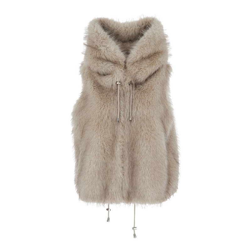 Beige Sleeveless Jacket with Hood and Drawstring in Faux Fur Woman