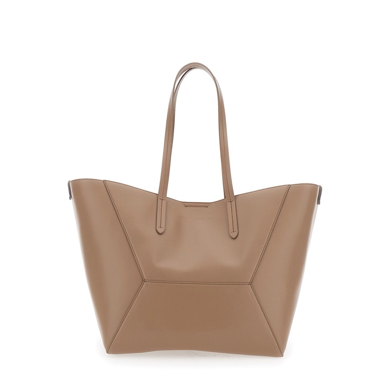 Beige Tote Bag with Logo Lettering on the Front and Geometric Panels Design in Leather Woman