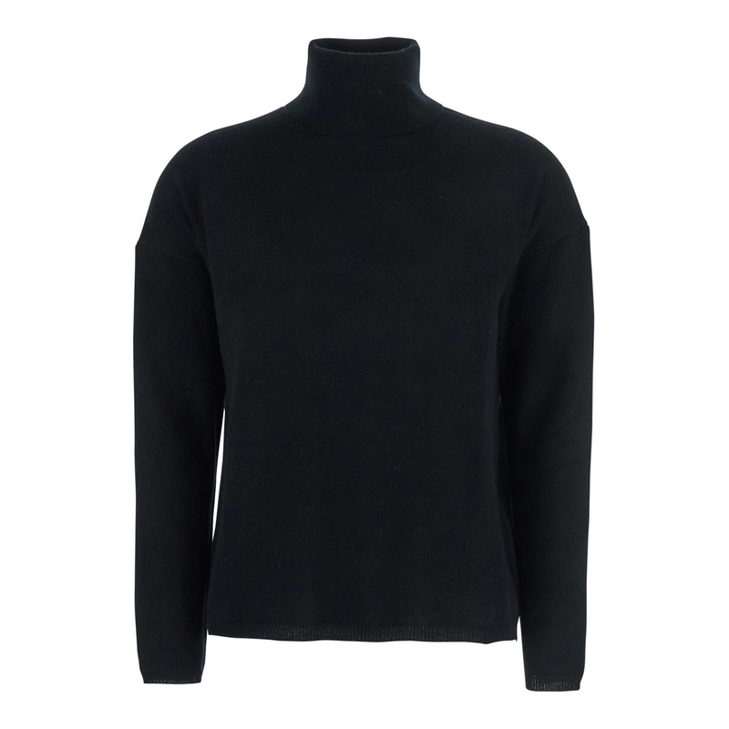 Black High Neck Sweater with Dropped Shoulders in Cashmere Woman