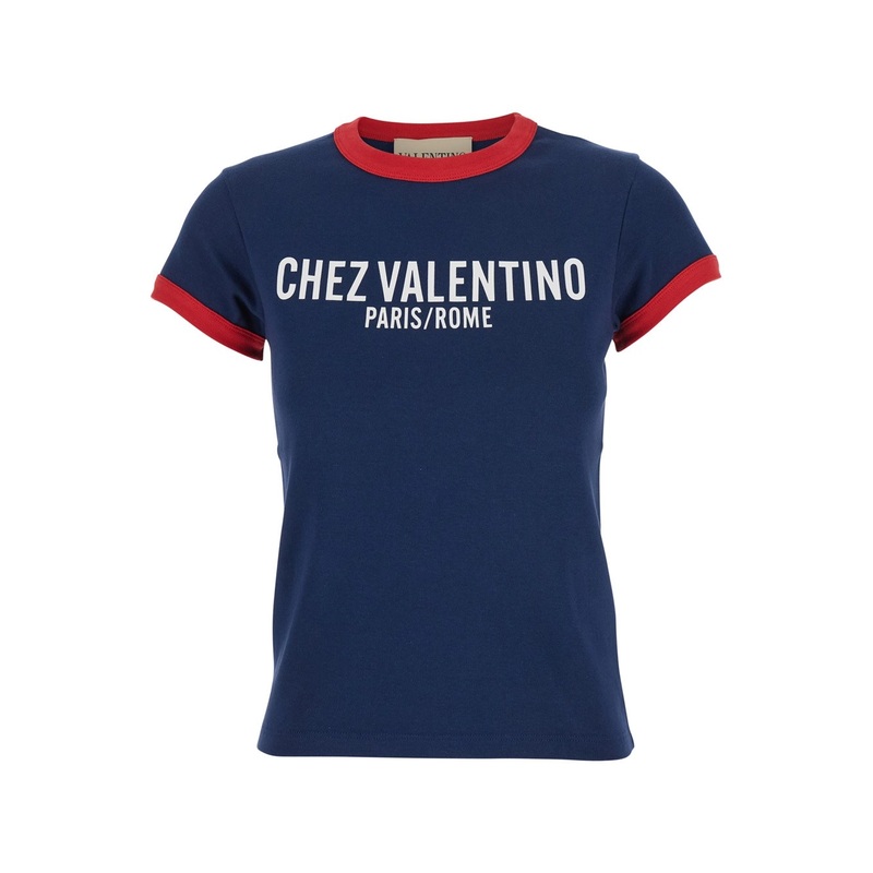Blue T-Shirt with Chez Valentino Print on the Front in Cotton Woman
