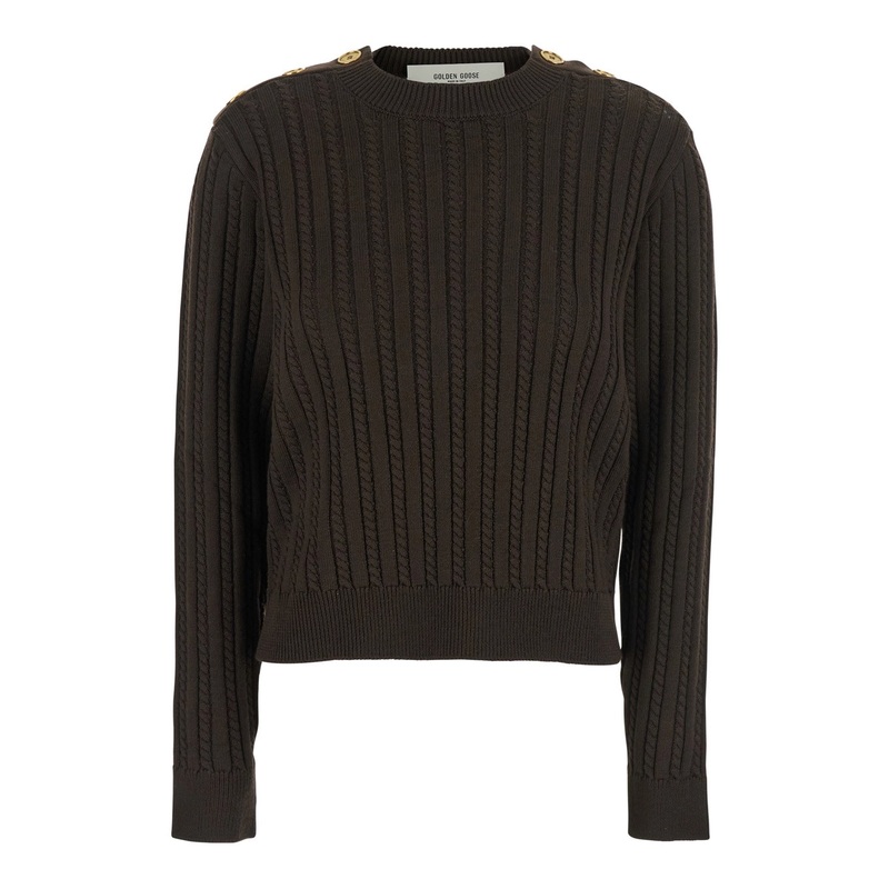 Brown Crewneck Sweater with Interwoven Design in Wool Woman