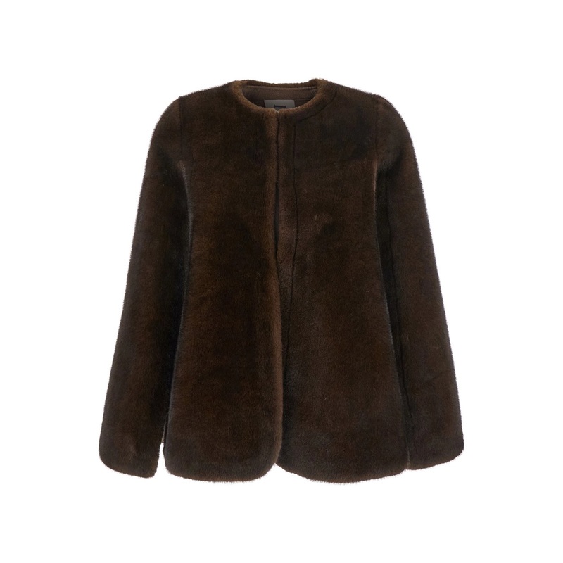 Brown Round Neck Hood with Trapezoid Design in Faux Fur Woman