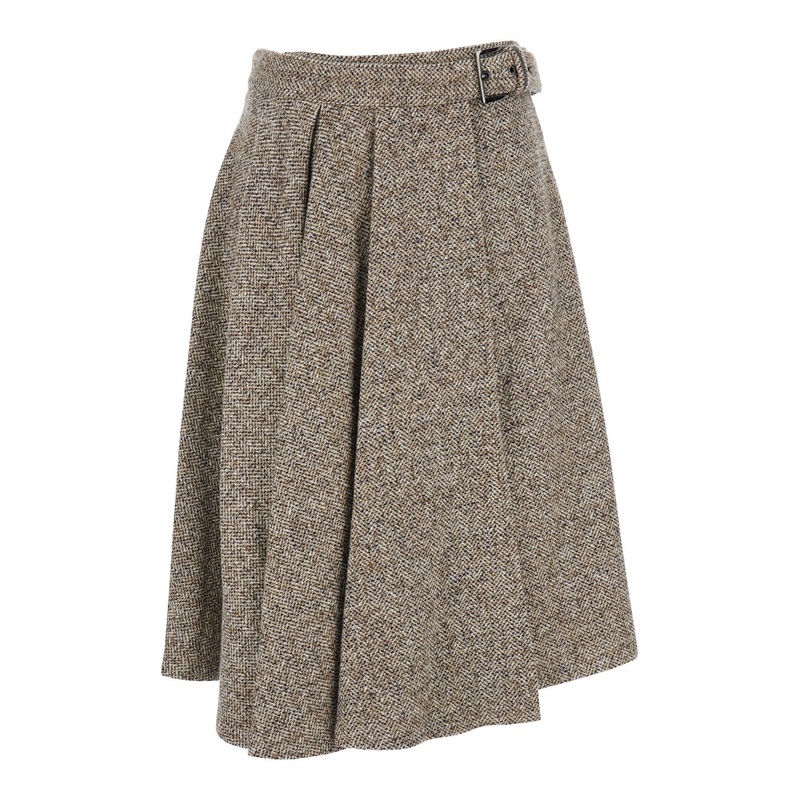 Brown Skirt with Belt and Pleated Details in Virgin Wool Blend Woman