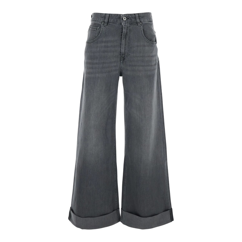 Grey Jeans with Belt Loops and Logo Patch on the Back in Denim Woman