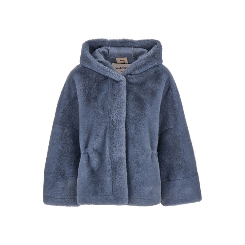 Light Blue Jacket with Fixed Hood in Faux Fur Woman