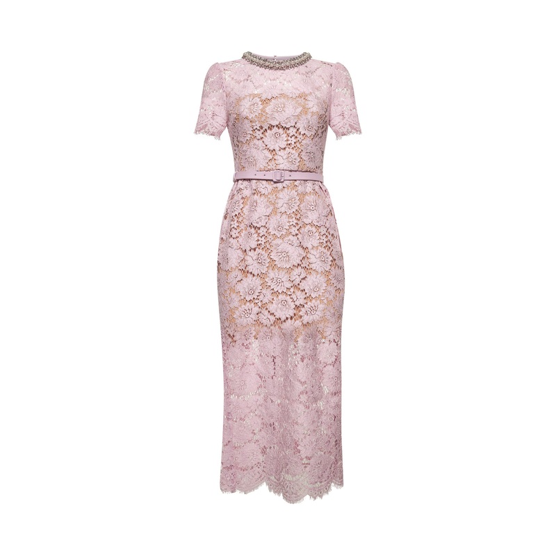 Lilac floral lace pearl midi dress