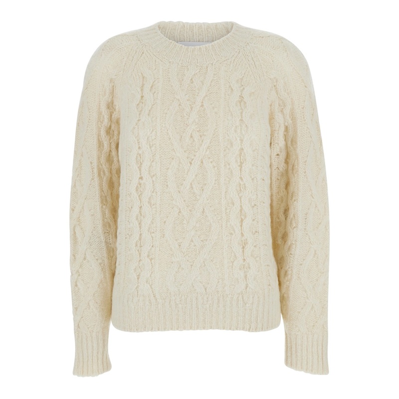 White Crew Neck Sweater with Braided Design in Wool Woman