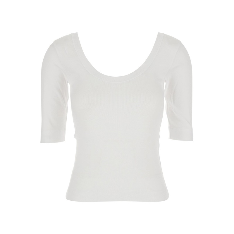 White U-Neck T-Shirt with Back Monil Detail in Cotton Woman