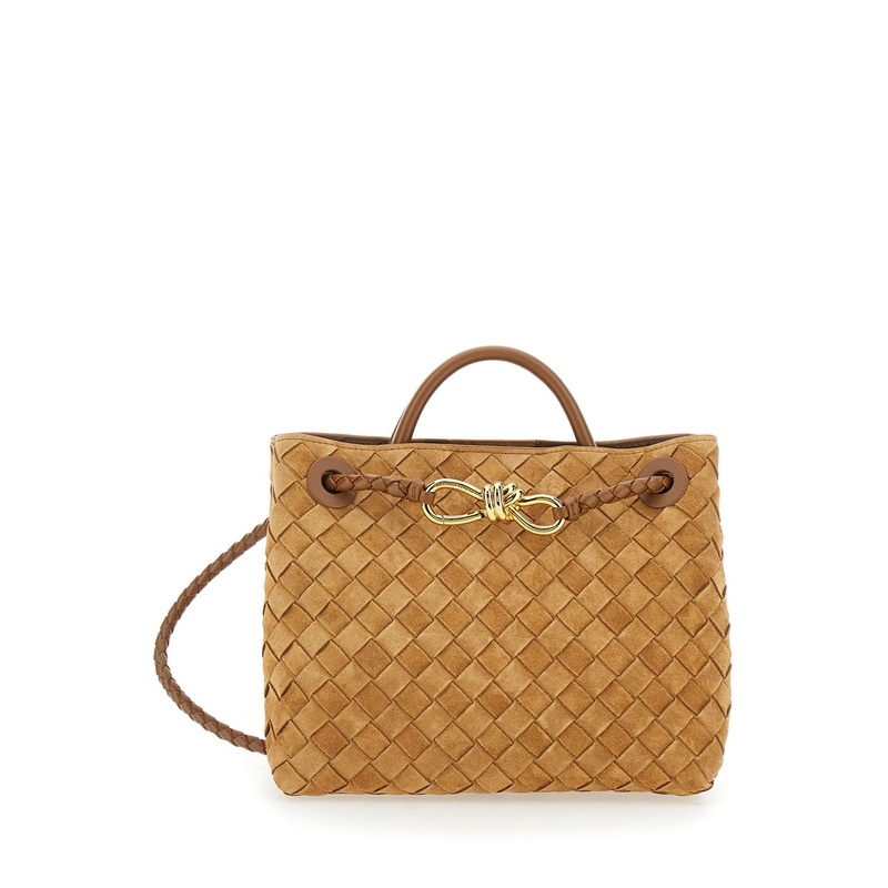 ‘Andiamo’ Brown Small Handbag with Sliding Shoulder Strap with Knot Detail and Intrecciato Motif in Suede Woman