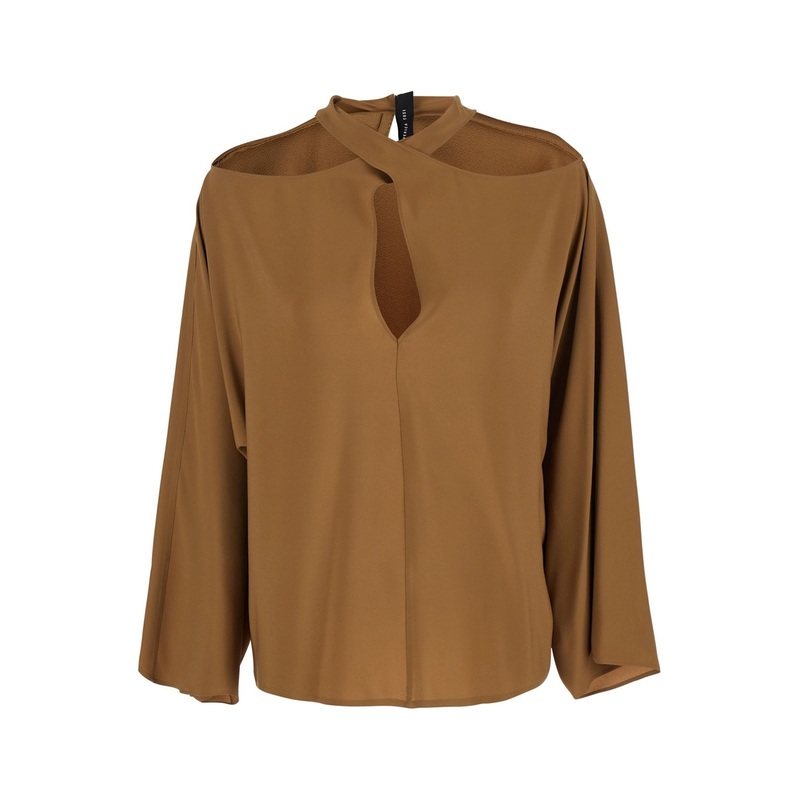 Beige Blouse with Criss-Crossed Neckline and Rear Keyhole Closure in Silk Blend Woman