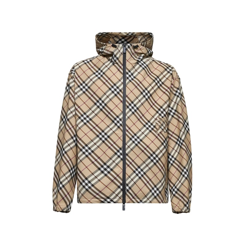 Beige Check twill hooded jacket <BR/>