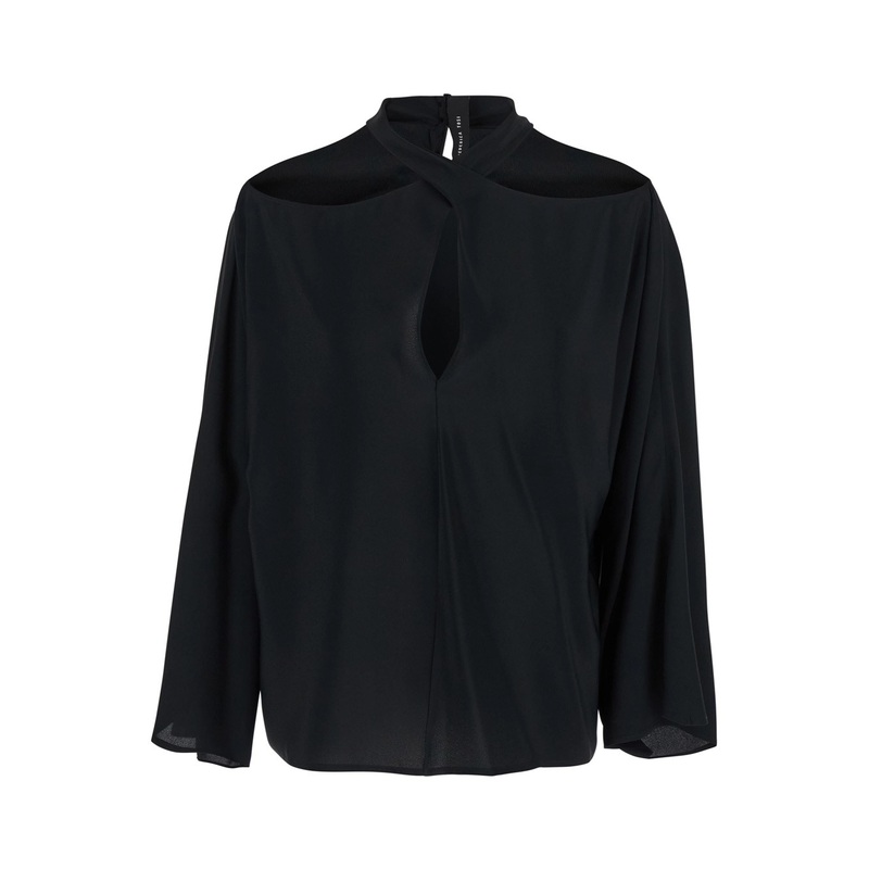 Black Blouse with Criss-Crossed Neckline and Rear Keyhole Closure in Silk Blend Woman