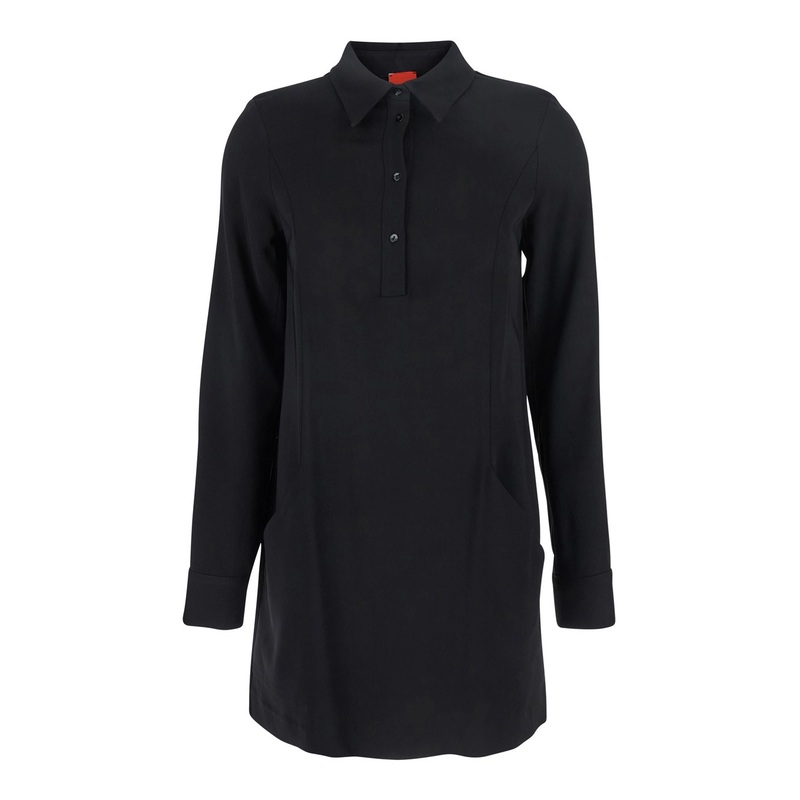 Black Dress with Classic Collar and Front Button Closure in Fabric Woman