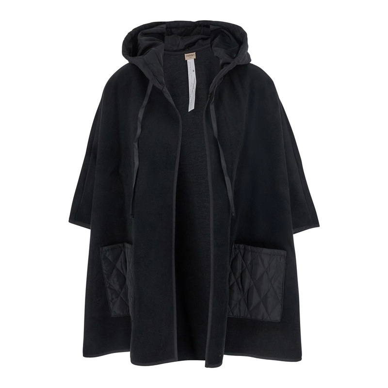 Black Jacket with Drawstring Hood and Two Front Patch Pockets in Tech Fabric Woman