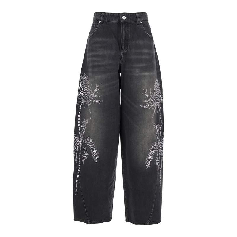 Black Jeans with Belt Loops and Embroidery on the Front in Denim Woman