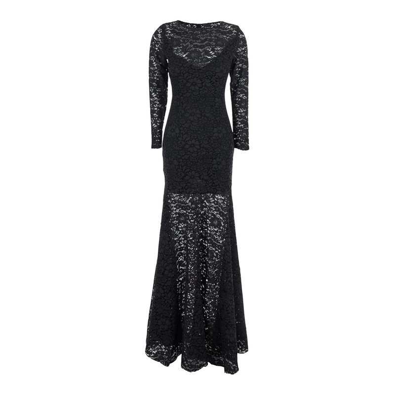 Black Maxi Dress with Rear Concealed Zip Closure and All-Over Embroidery in Lace Woman