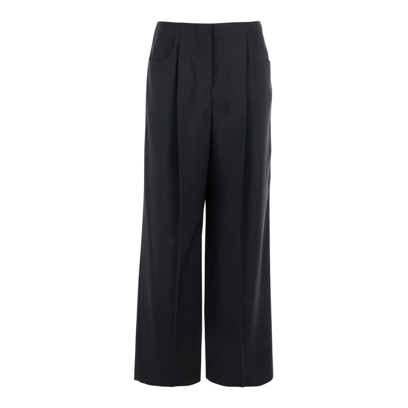 Black Pants with Front Pences and Wide Leg in Wool Woman