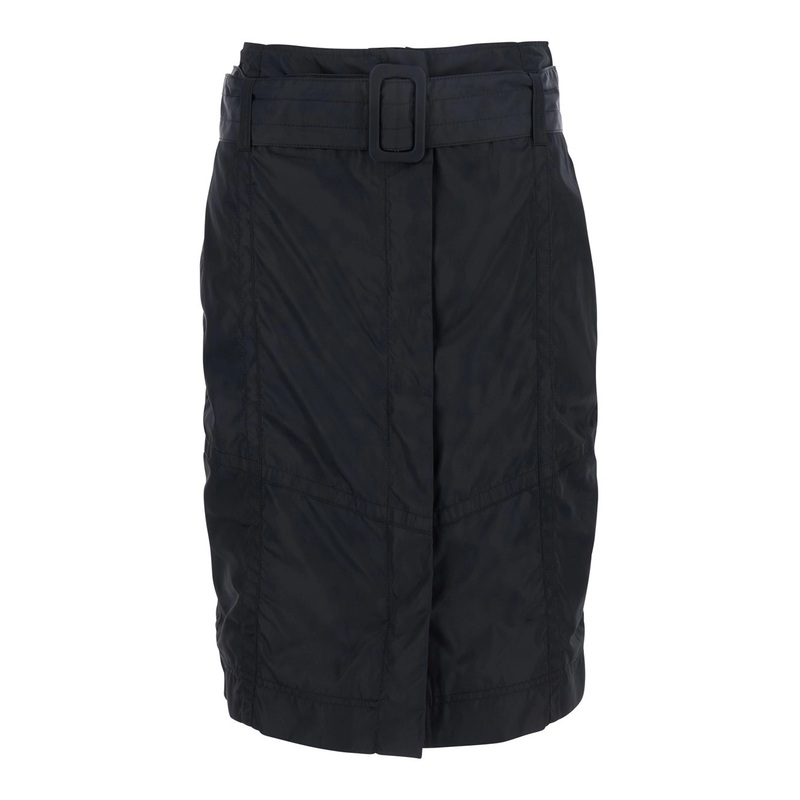 Black Pencil Skirt with Adjustable Belt with Buckle and Geometric Stitching in Tech Fabric Woman
