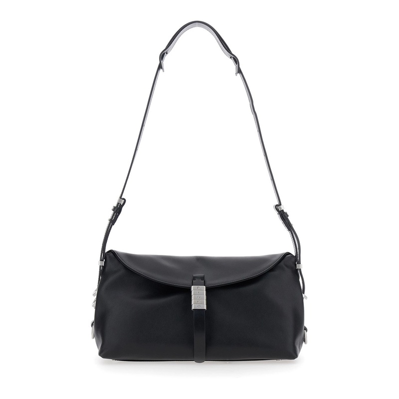 Black Shoulder Bag with Adjustable Shoulder Strap and Logo Plaque on the Front in Leather Woman
