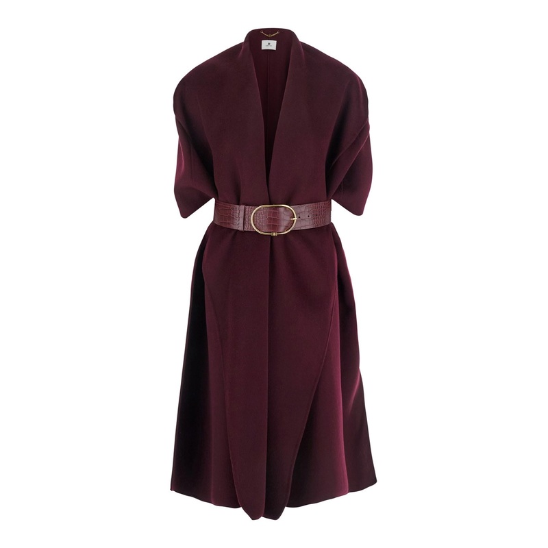 Bordeaux Coat with V Neck and Belt in Wool Woman