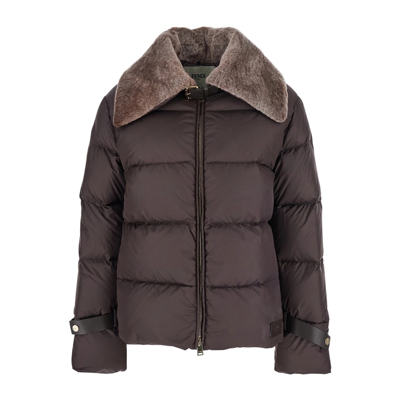 Brown Down Jacket with Shearling Collar and Logo Patch on the Front in Tech Fabric Woman