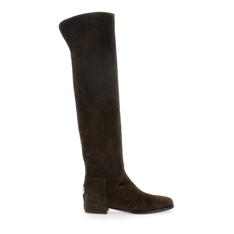 Brown Knee-High Boots with Back Logo Plaque in Suede Woman
