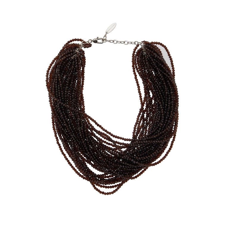 Brown Multi-Strand Necklace with Faceted Beads and Rear Spring-Ring Closure in Brass and Glass Woman