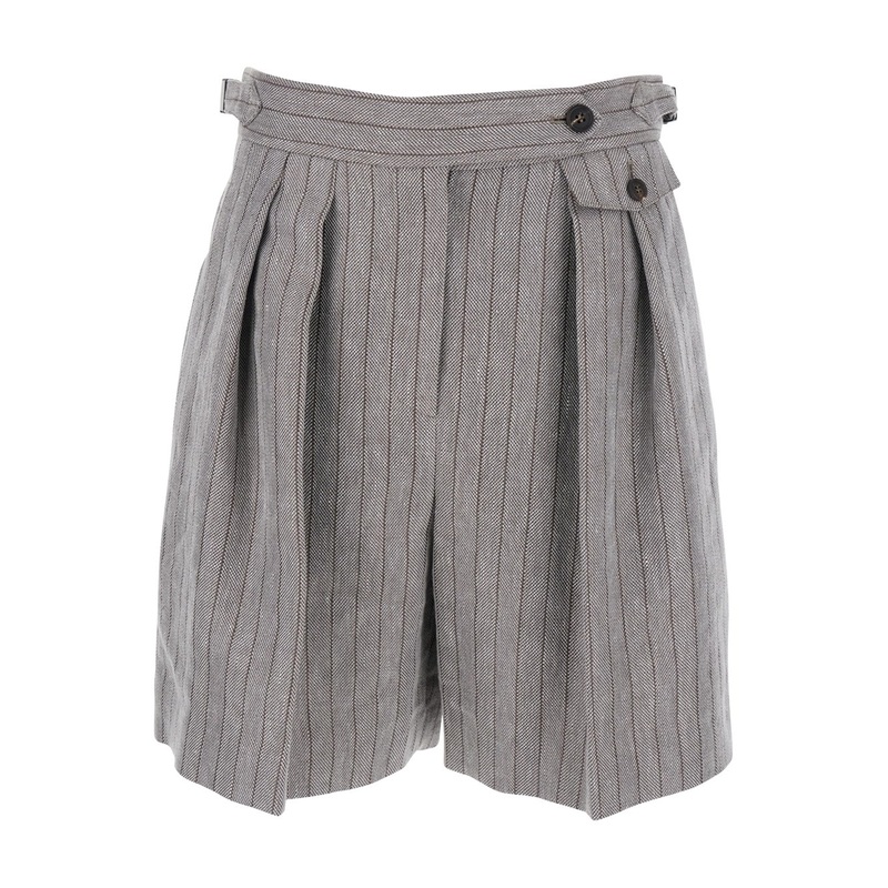 Grey Bermuda Panrs with Off-Centered Button Closure and All-Over Striped Motif in Linen Blend Woman