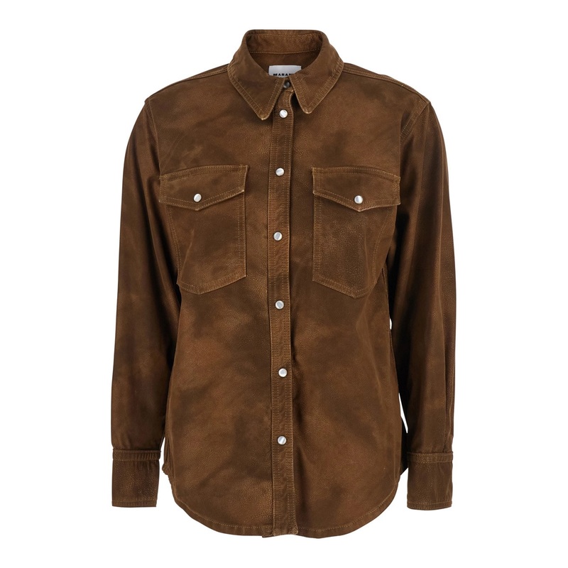 ‘Karima’ Brown Shirt with Classic Collar and Two Front Patch Pockets in Fabric Woman