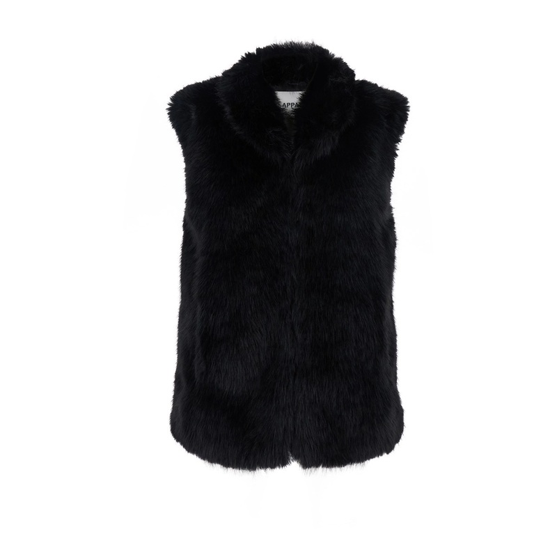 ‘Laila’ Black Sleeveless Fur Jacket with Front Concealed Closure in Ecofur Woman